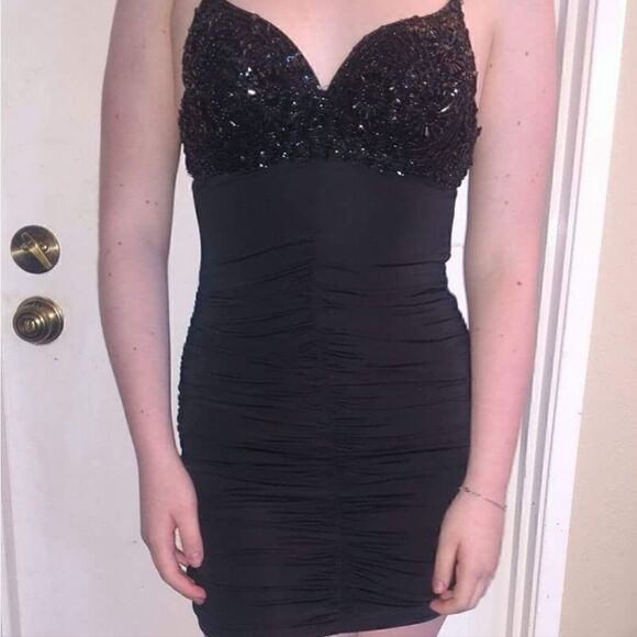 Easel Black Madonna style dress circa 90's with a beaded bra top. - Picture 8 of 9